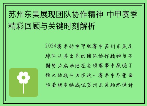 苏州东吴展现团队协作精神 中甲赛季精彩回顾与关键时刻解析