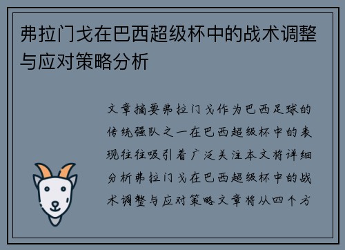 弗拉门戈在巴西超级杯中的战术调整与应对策略分析